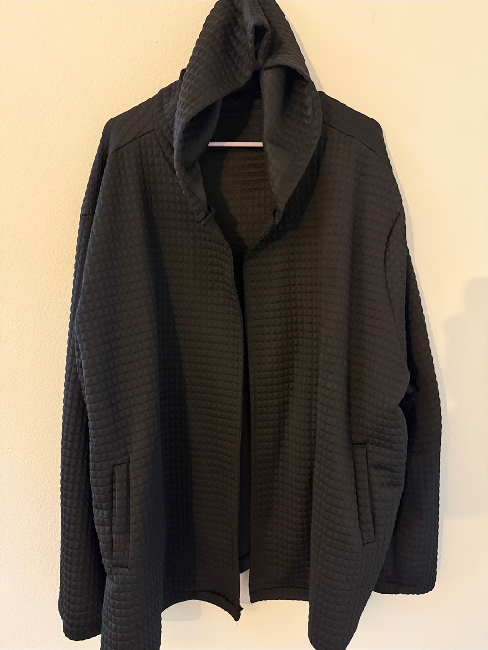 Textured Black Hooded Open Jacket